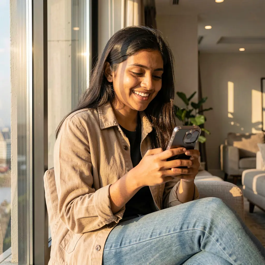 Smiling Bangladeshi woman enjoying the 488TK mobile casino app while relaxing by a sunlit window