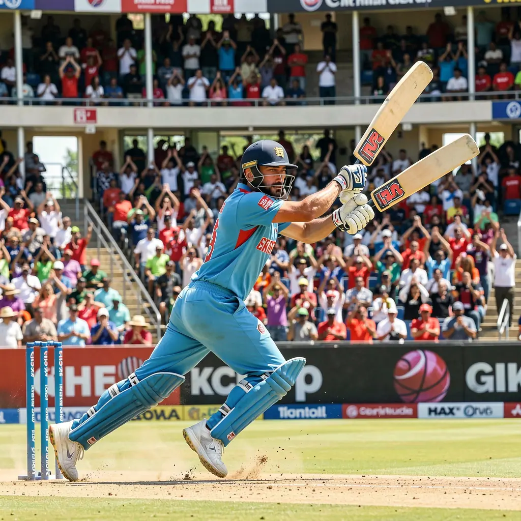 Professional cricket batsman playing an attacking shot in a packed stadium highlighting high intensity cricket betting with 488TK in Bangladesh