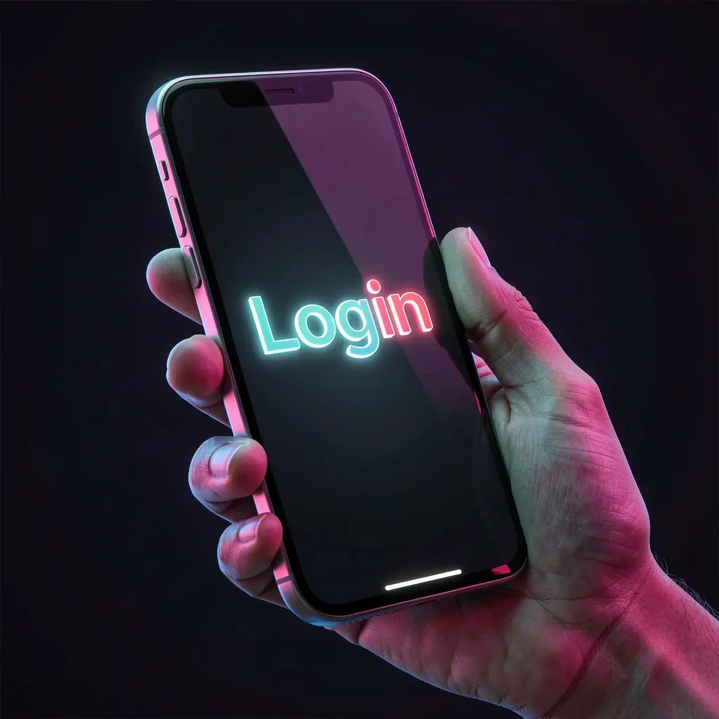 Close up of a modern smartphone displaying the 488TK login screen with a glowing interface for secure access in Bangladesh